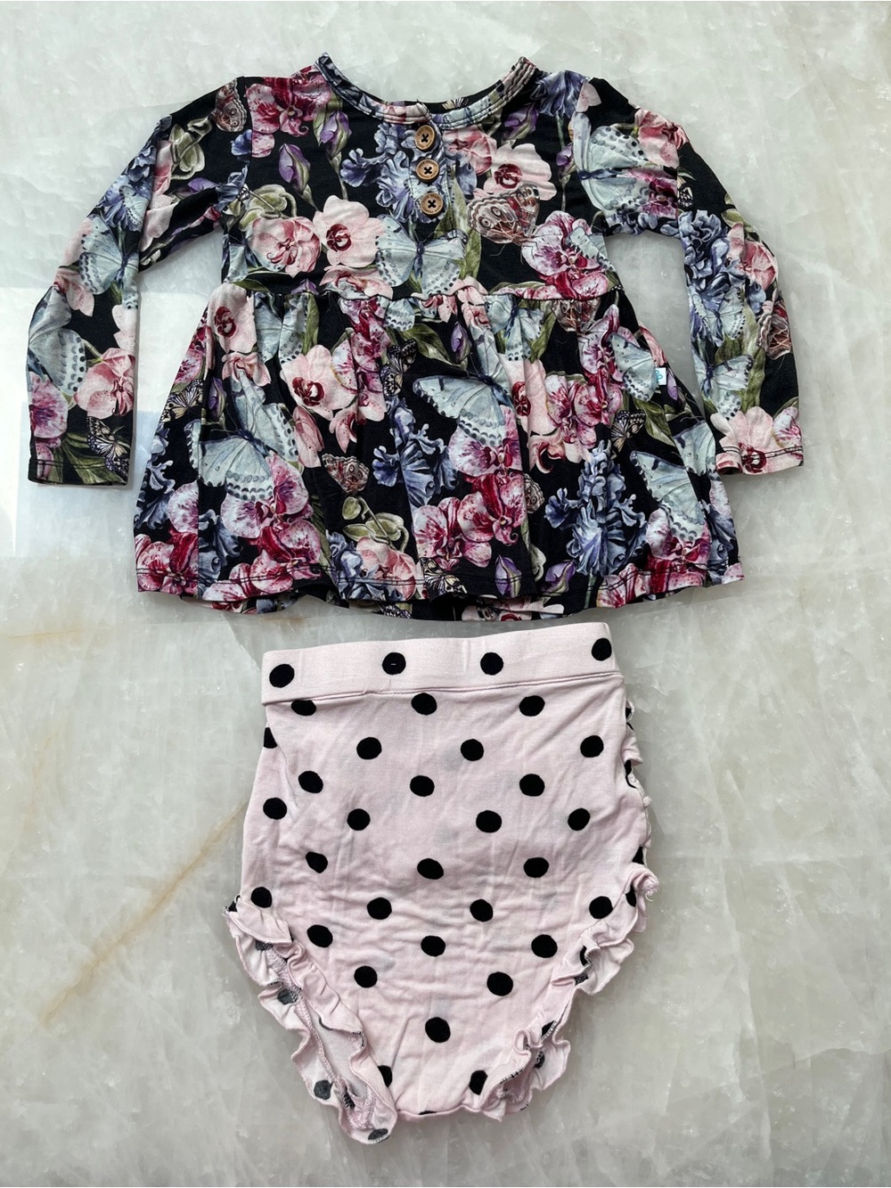 Posh Peanut Black Floral & Butterfly Top with Polka Dot Diaper Cover